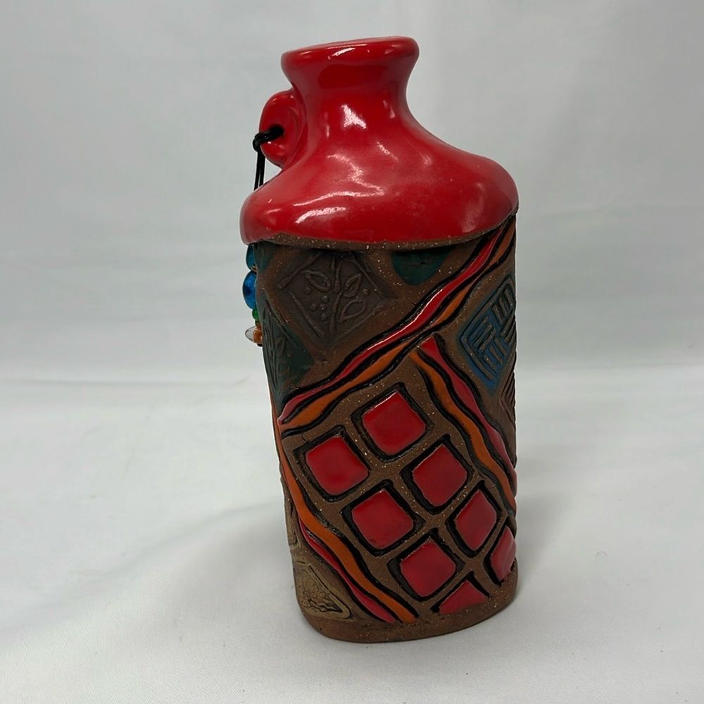 Red and Brown Clay Abstract Vase with Lines & Flowers